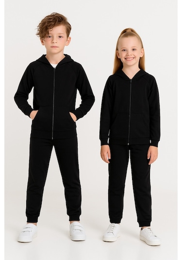 Kız - Erkek Çocuk Basic Fermuarlı Okul Eşofman Takımı Ak0785 Siyah