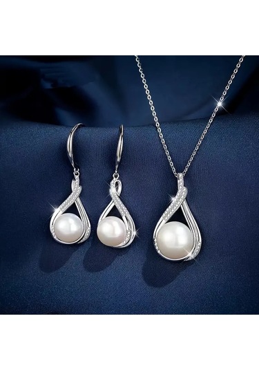 Zirkon Taş İşlemeli, Beyaz İnci Gümüş Takı Seti, Ahşap Kutu İçerisinde Gümüş