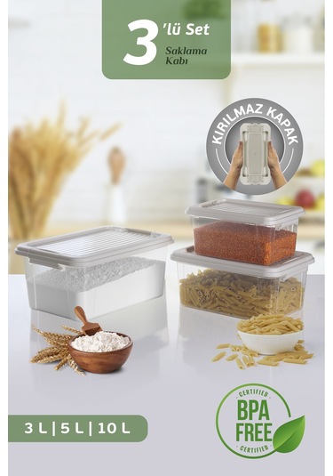 3'lü Kilit Kapak 3-5-10 Lt Erzak Saklama Kabı Çok Amaçlı Düzenleyici Kutu Deterjan Un Bakliyat Kabı Bej