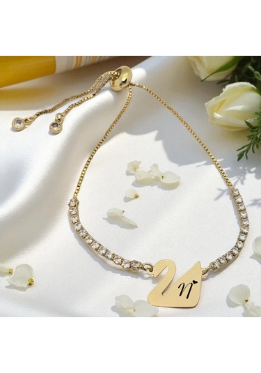 Archin N Harfine Özel Kuğu Kuşu Motifli 14 Ayar Altın Plakalı Beyaz Taş Detaylı Hediye Bileklik-601harf N