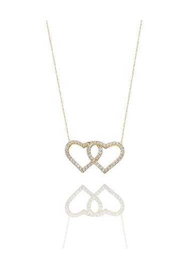 Çift İki Kalp Yan Yana Çok Şık 14 Ayar Altın Kolye