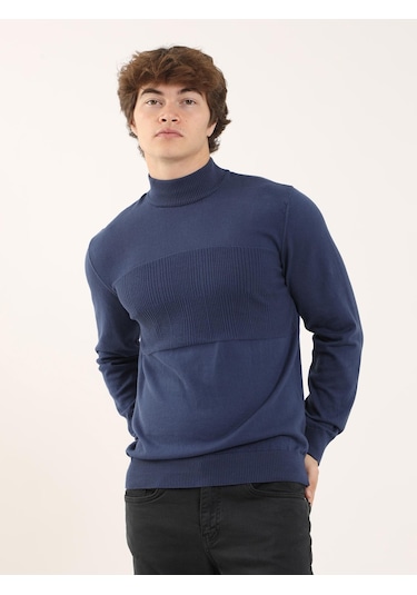 Dufy İndigo Erkek Regular Fit Dik Yaka Triko - 90634 İndigo