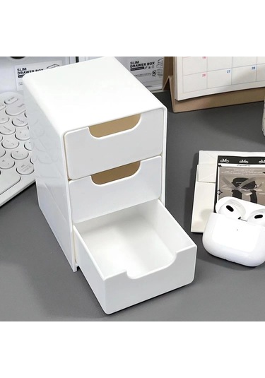 1 Adet Mini Üç Katlı Çekmeceli Masaüstü Saklama Kutusu, Ofiste Takı Ve Kozmetik Saklamak İçin Mükemmel, Küçük Beyaz Beyaz