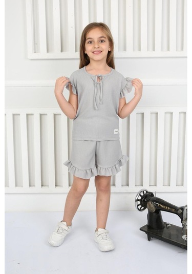 Fırfır Detaylı Şortlu Yazlık Kız Çocuk Takım Gri