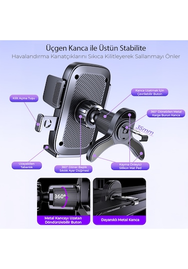 Kingma Metal Kancalı Havalandırma Destekli Araç İçi Telefon Tutucu -