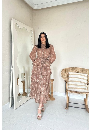 The İstanbul Vizon Valonlu Şeritli Kat Kat Elbise Vizon