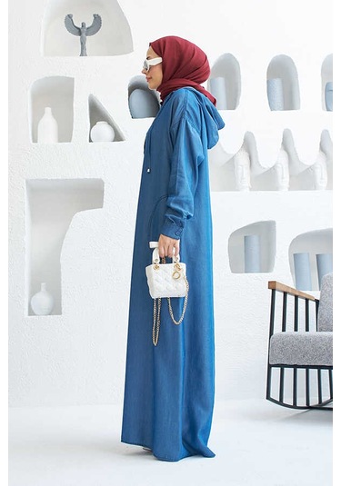 Neways 6643 Kapüşonlu Tesettür Elbise Koyu Mavi