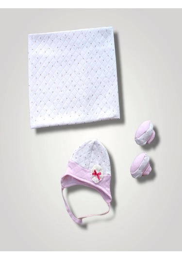 Yenidoğan Baskılı Double Face Şapka Ve Patikli 3lü Bebek Battaniye Takımı Pembe