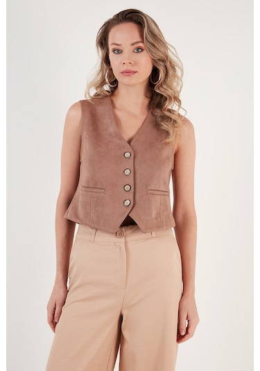 Lela Fitted Scuba Süet V Yaka Düğmeli Bayan Yelek 5865576 Vizon