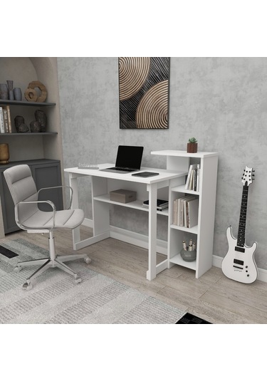 Saye 5 Raflı Kitaplıklı Çalışma Masası Beyaz Mat Beyaz