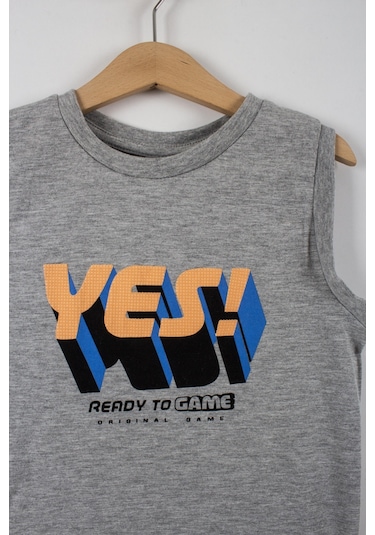 Erkek Çocuk Yes Yazılı Şortlu Takım-6088-Gri-Turuncu Gri - Turuncu