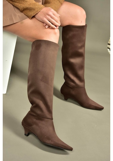 Fox Shoes V404012302 Kahverengi Süet Kısa Topuklu Kadın Çizme Kahverengi
