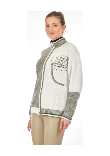 Unique Mode Dik Yaka Yazılı Uzun Kollu Haki Kadın Hırka UW231062 Haki