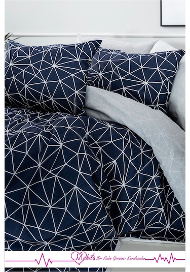 Battal Boy Lüks Pamuklu Nevresim Seti Lacivert Geometrik Desen Çok Renkli