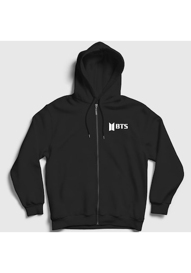 Presmono Unisex Logo Bts Fermuarlı Kapüşonlu Sweatshirt Siyah