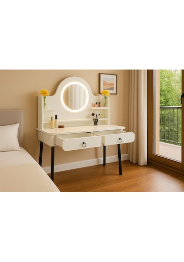 Vella Modern Led Işıklı Oval Makyaj Masası Raflı Ve Çekmeceli Beyaz