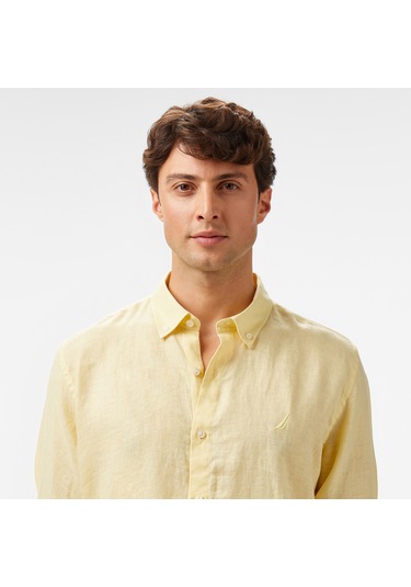 Nautica Erkek Sarı Classic Fit Keten Gömlek Düz W55101t Sarı