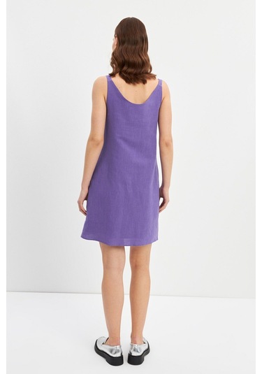 Stella Pulvis Mor Askılı Keten Mini Elbise Mor