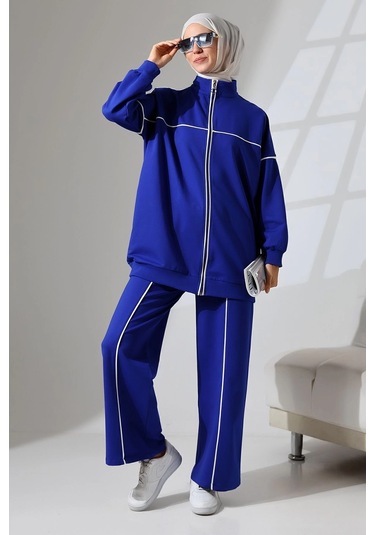 Kadın Saks Mavisi Mevsimlik Penye Alt Üst Spor Ve Rahat Tesettür Takım Saks Mavisi
