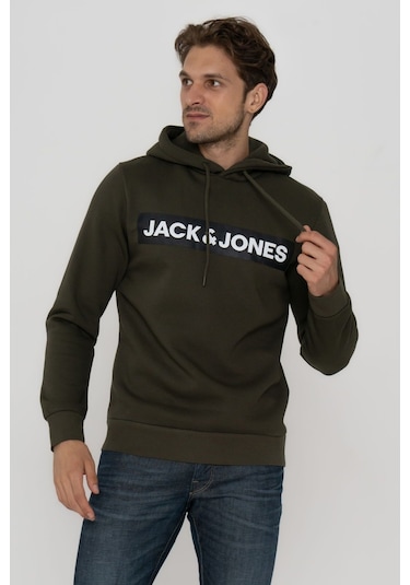 Jack & Jones Erkek Logo Baskili Kapüsonlu Sweatshirt - Minder 12214643 Forest Night Koyu Yeşil