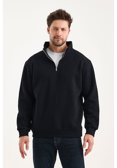 Unisex Sweatshirt Rahat Kesim Pamuklu Içi Polarlı Yarım Fermuarlı Dik Yaka Sweatshirt Siyah