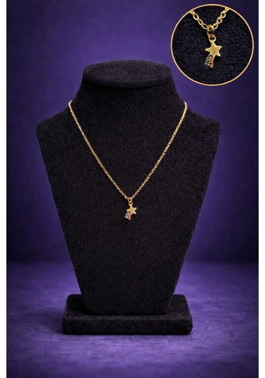Minimal Yıldız Figürlü Renkli Taşlı Gold Kolye