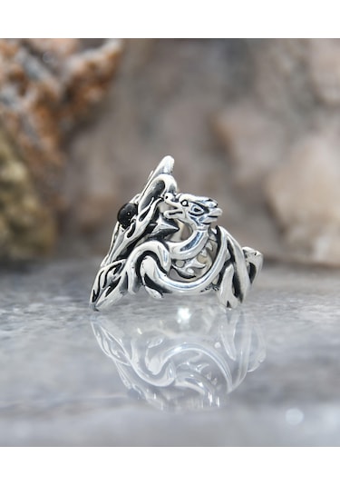 Prestij Gümüş Ejderha Figürlü 925 Ayar Gümüş Erkek Yüzüğü