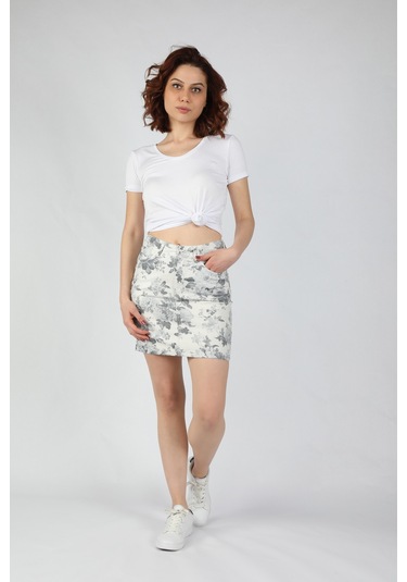 Kadın Baskılı Gabardin Etek Gri