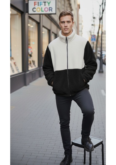 Premium Kalite Renk Bloklu, Fermuarlı, Dik Yaka, Sherpa, Polar, Peluş Ceket Siyah - Beyaz