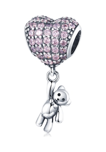 S925 Ayar Gümüş Ayı Balon Kalp Şeklinde Kakma Zirkonyum Pırlanta Dıy Boncuk Bilezik Aksesuarları, Stil: Boncuk Çok Renkli