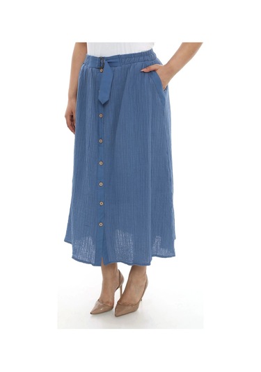 Büyük Beden Kadın Astarlı Müslin Kumaş Düğmeli Cepli Uzun Etek İndigo Mavi