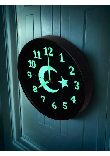 Fosforlu Gece Görünen Ayyıldız Duvar Saati Çap 28 Cm Cam Yok Siyah