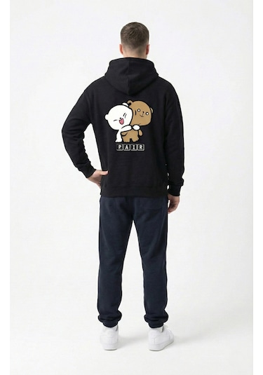 Nevermind Unisex Oversize Ayıcık Baskılı Çift Hoodie Siyah
