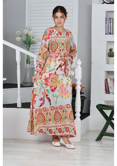 Kız Çocuk Viskon Kumaş Desenli Uzun Elbise Kiremit