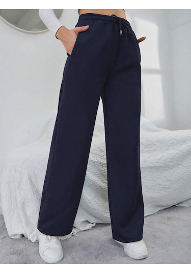 Kallima Kışlık Polarlı Yüksek Bel Lacivert Bol Paça Eşofman Altı Siyah