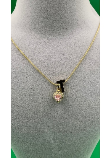 14k Altın Renginde T Harf Pembe Kalpli Minimal Çelik Kadın Kolye Altın