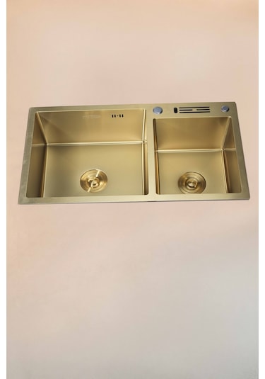 Sun Serisi %100 Krom 82x45 İki Göz Bıçak Yuvalı Paslanmaz Mutfak Eviyesi, Mutfak Lavabosu Gold