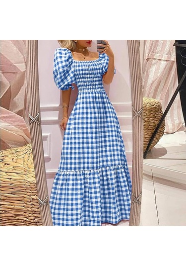 Vonda Yaz Kadın Ekose Kapalı Omuz Pilili Parti Uzun Elbise Zarif Ekose Tunik Ruffled Hem Gevşek Artı Boyutu Açık Mavi Vonda Yaz Kadın Ekose Kapalı Omuz Pilili Parti Uzun Elbise Zarif Ekose Tunik Ruffled Hem Gevşek Artı Boyutu Açık Mavi