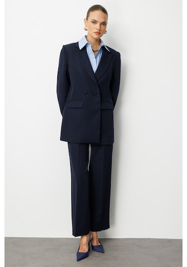 Mizalle Oversize Lacivert Kruvaze Blazer Ceket Lacivert