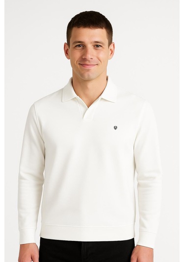 Gewer Erkek Slim Fit Uzun Kol Polo Yaka Sweatshırt-7428 Beyaz