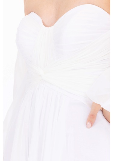 Kadın Kalp Yaka Çıkarılabilir Kollu Yırtmaçlı Abiye Elbise - Ekru Ekru