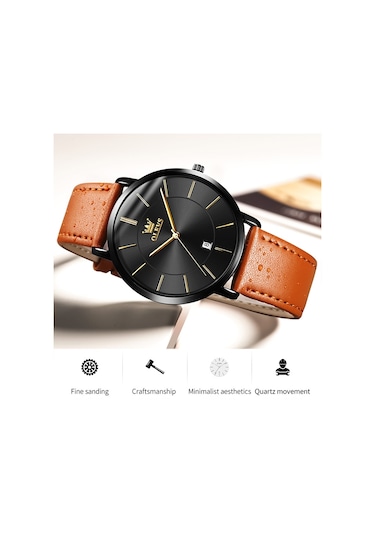 Olevs 5869 Erkekler İş Su Geçirmez Hakiki Deri Kayış Kuvars Saat Siyah + Kahverengi