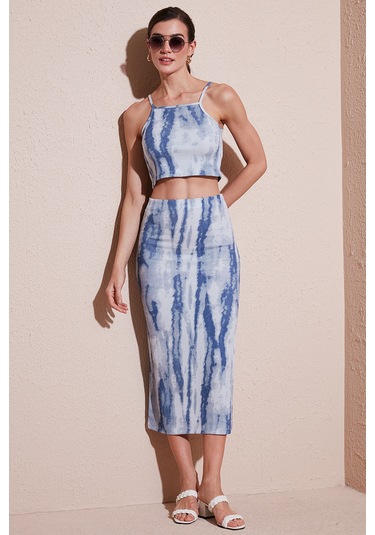 Lela Slim Fit Ip Askılı Yırtmaçlı Midi Alt-Üst Bayan Takım 5869021 Indigo
