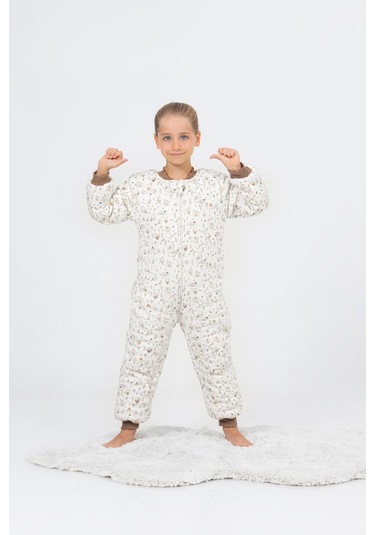Kız Erkek Çocuk Kalın Elyaf Dolgulu Premium Kalite 2.5 Tog Desenli Uyku Tulumu Ekru - Kahverengi