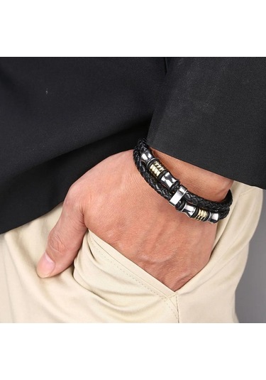 Erkek Klasik Bileklik Moda Takı Siyah Deri İp Zincir Charm Bileklik Spor Günlük Stil Siyah