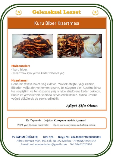 Sultan Ana Elinden Kurutulmuş Yeşil Biber 250 G