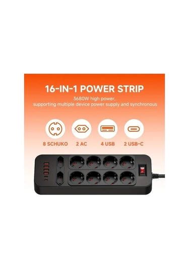 Besthome1 Dream011 Siyah 3680w Avr. Fişi 16sı 1 Arada 10a 6 Usb 2 Type C 18m Kablosu Ev Ofis Paneli Güç Dağıtma