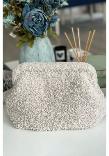 El Yapımı Ekru Renk Teddy Yün Örgü El Çantası Ekru