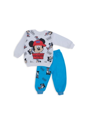 Erkek Bebek Mickey Mouse Baskılı Şapkalı Alt Üst 2'li Takım 001