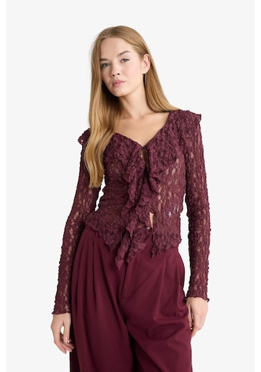 Defacto Slim Fit Dar Kesim V Yaka Volanlı Dantel Uzun Kollu Bluz G4439ax25wnbr232 Bordo-br232 Defacto Slim Fit Dar Kesim V Yaka Volanlı Dantel Uzun Kollu Bluz G4439ax25wnbr232 Bordo-br232